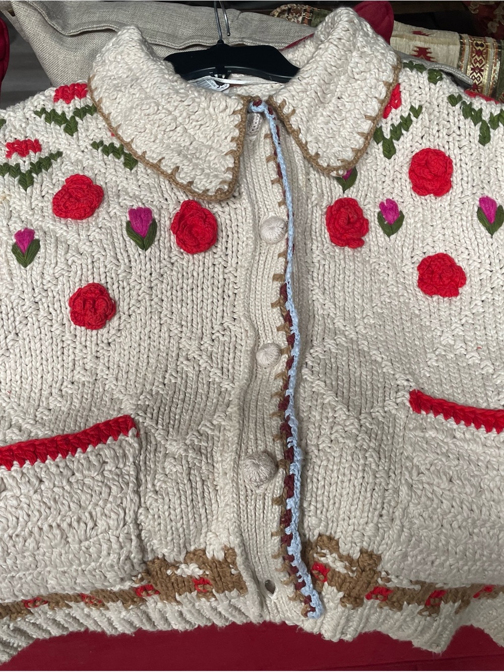 Free People Cream Knit Cardigan with Red Floral Appliqués - Picture 3 of 5